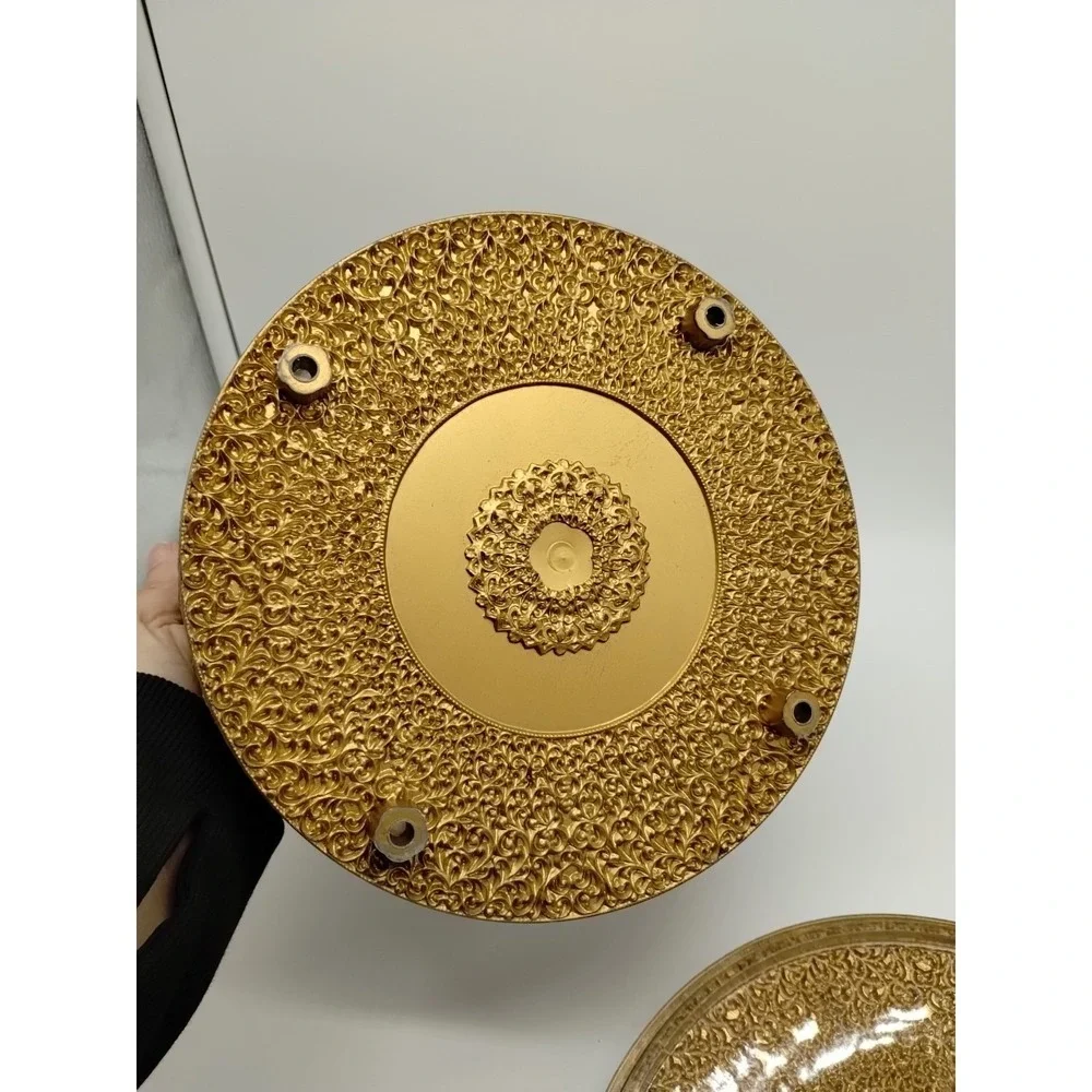 Elegant Gold Plastic Vintage Vanity Box 8.25 Diameter Dresser Sewing Hollywood